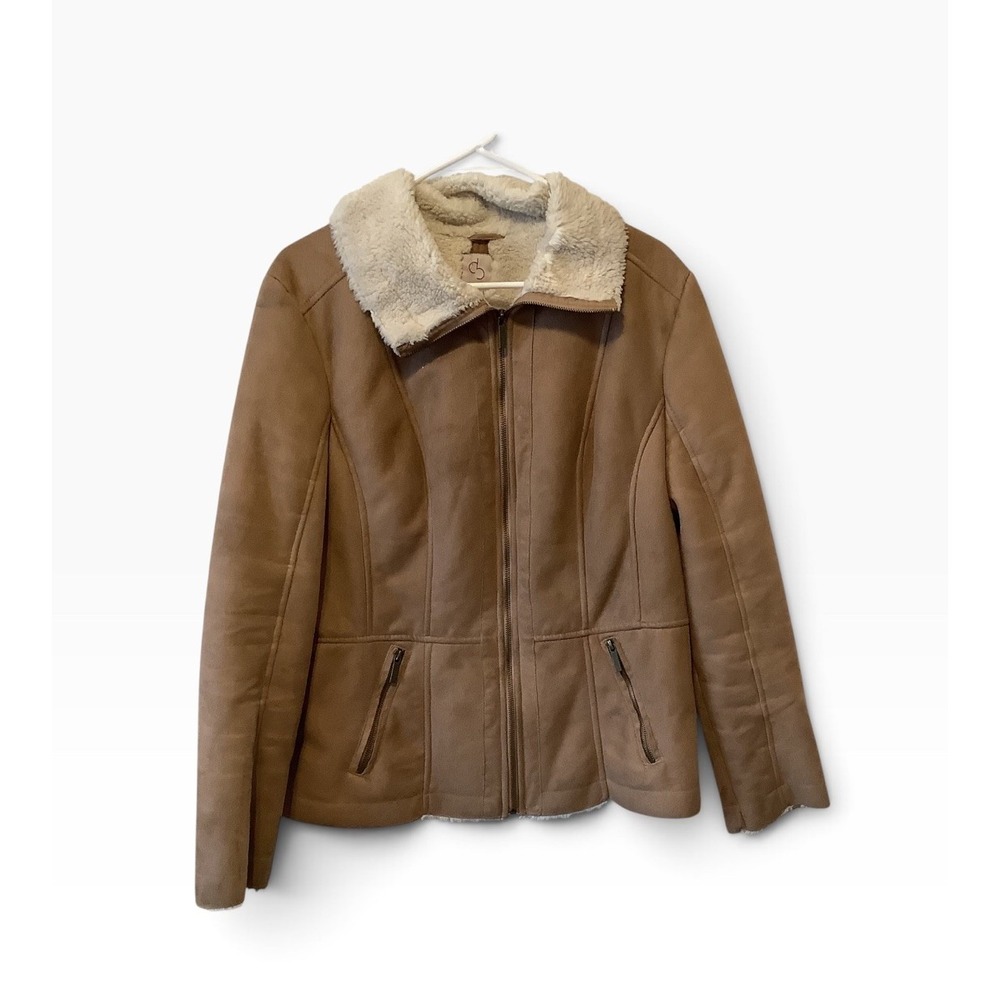 Women's XL Tan Faux Suede Sherpa Lined Jacket Croft & Barrow Full Zip